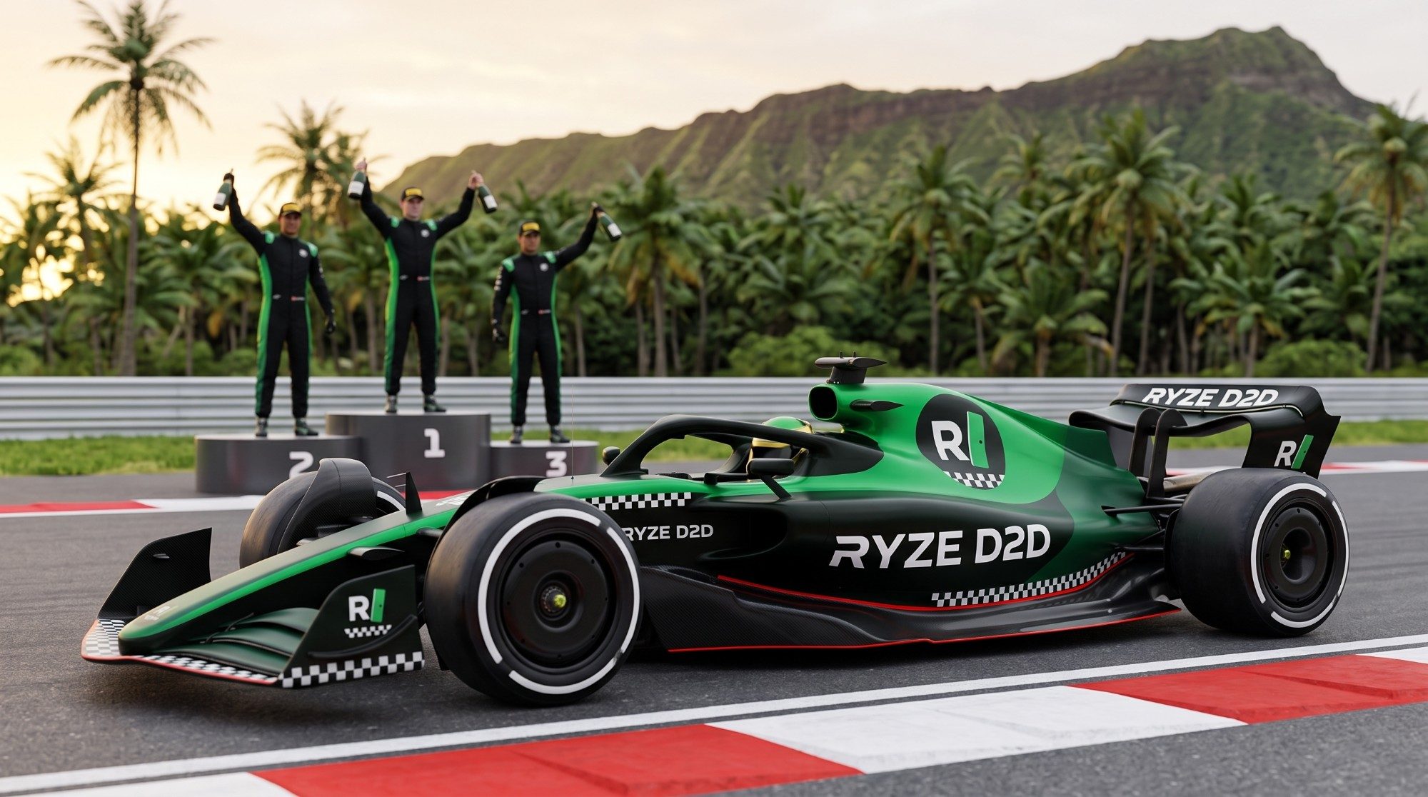 A Ryze D2D liveried Formula 1 car on the start/finish straight, three reps on the podium behind it, Diamond Head in the distance.